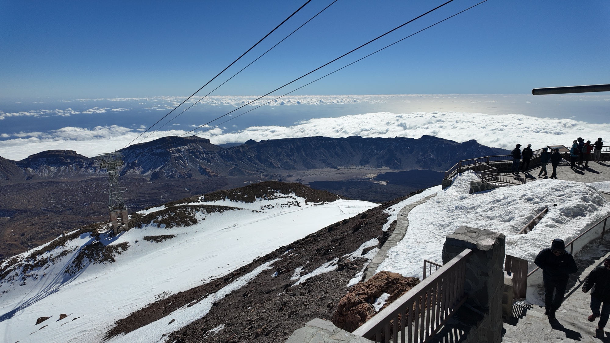 The upper cable car station on Teide with visitors on the viewing walkways, cables running down toward the caldera