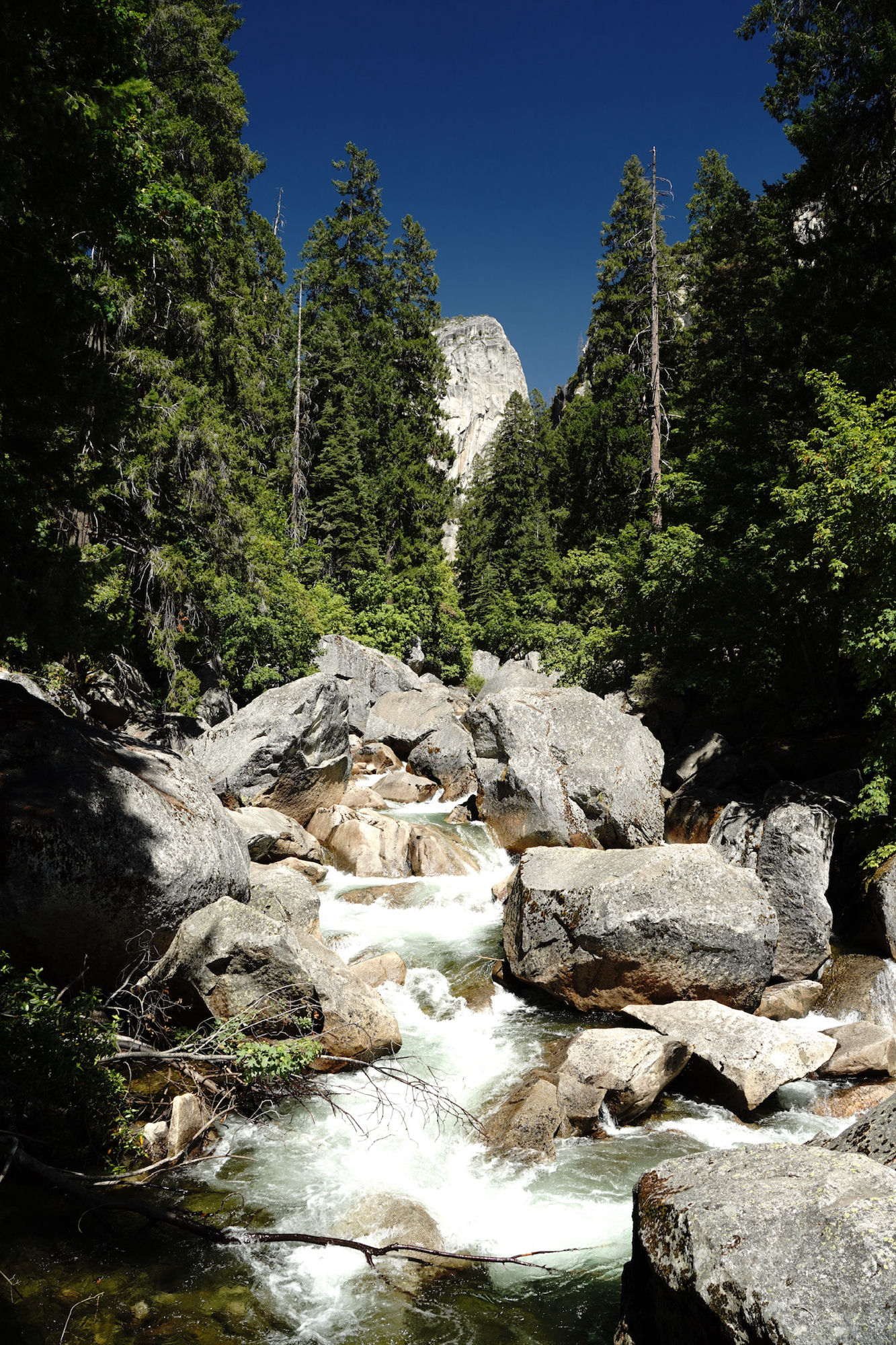 The Merced river running white over granite boulders above Vernal Fall, with Liberty Cap beyond the pines